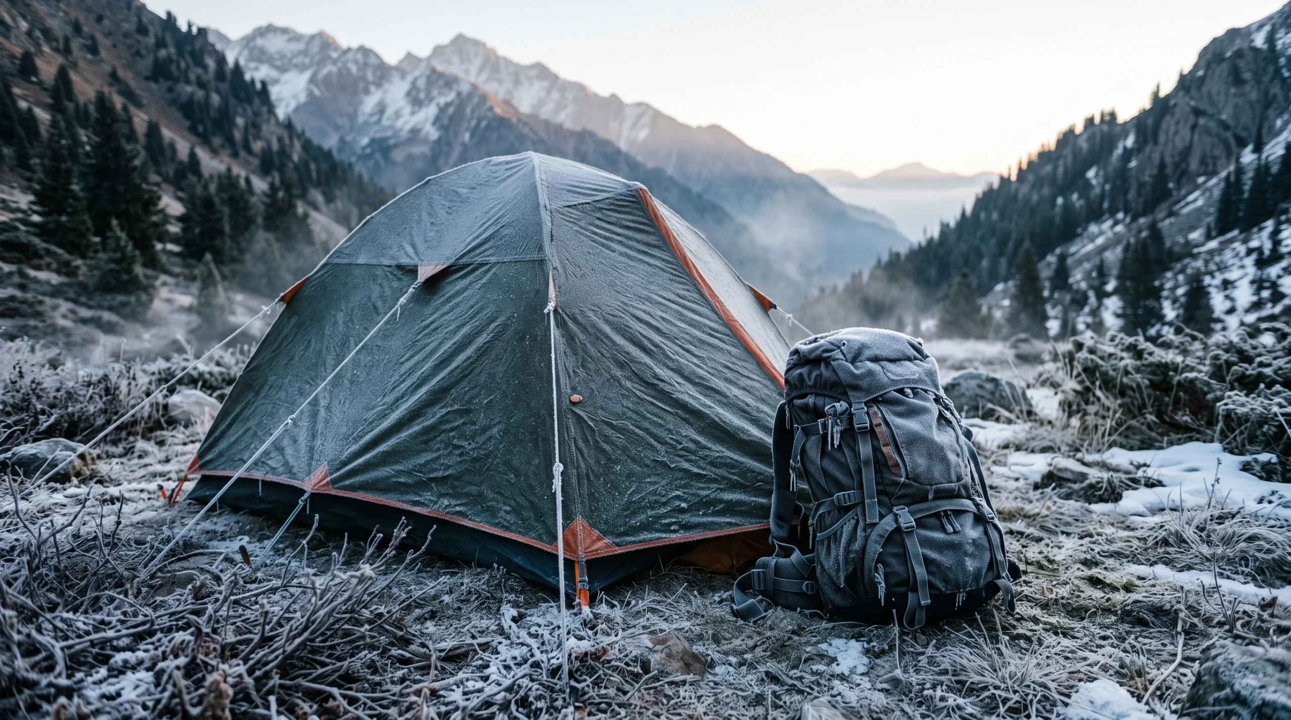 A frost-covered camping tent and hiking backpack in a freezing mountain environment at dawn.