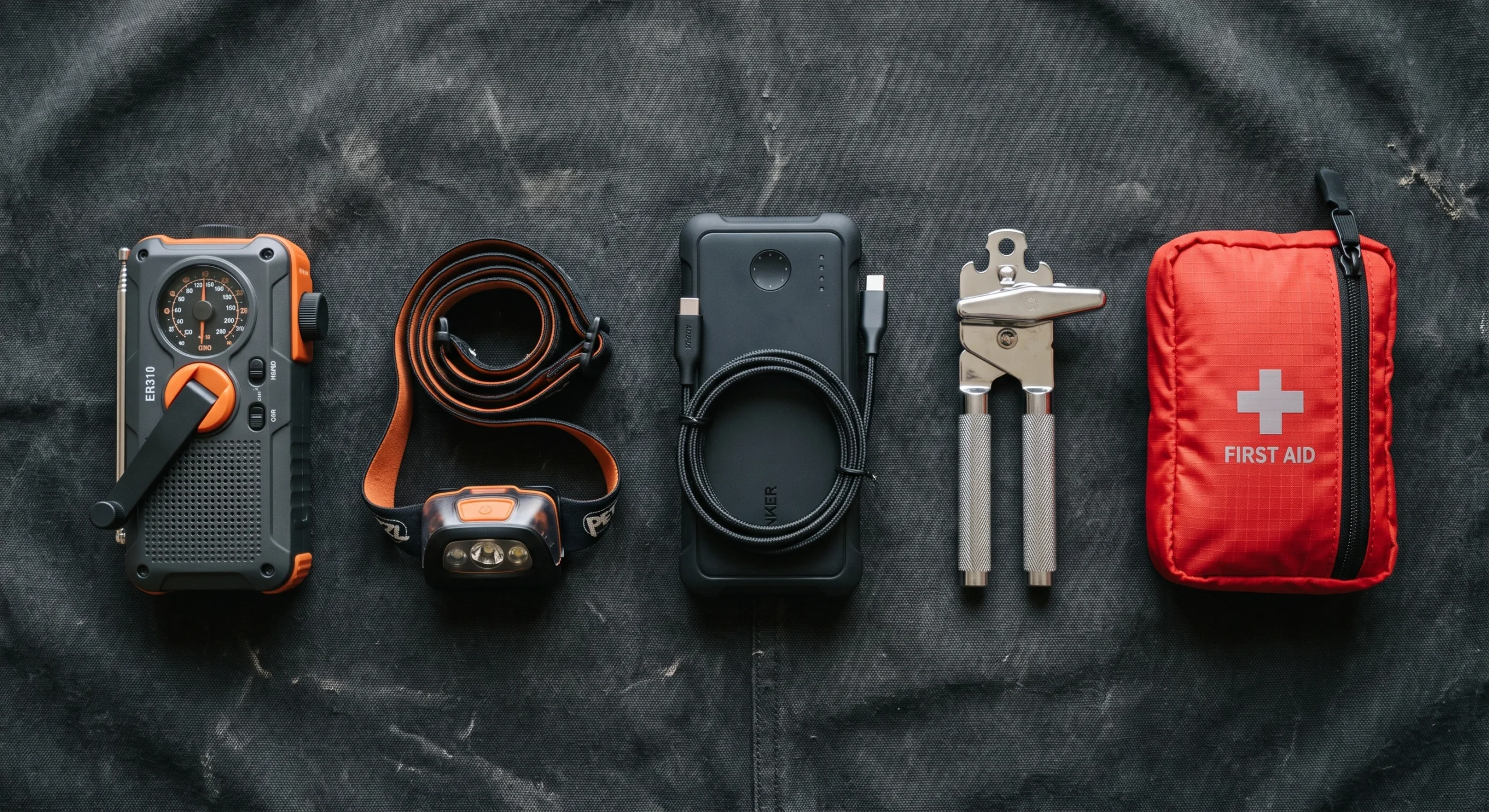 Essential emergency gear laid flat on dark canvas, including a hand-crank radio, headlamp, power bank, manual can opener, and first aid kit.