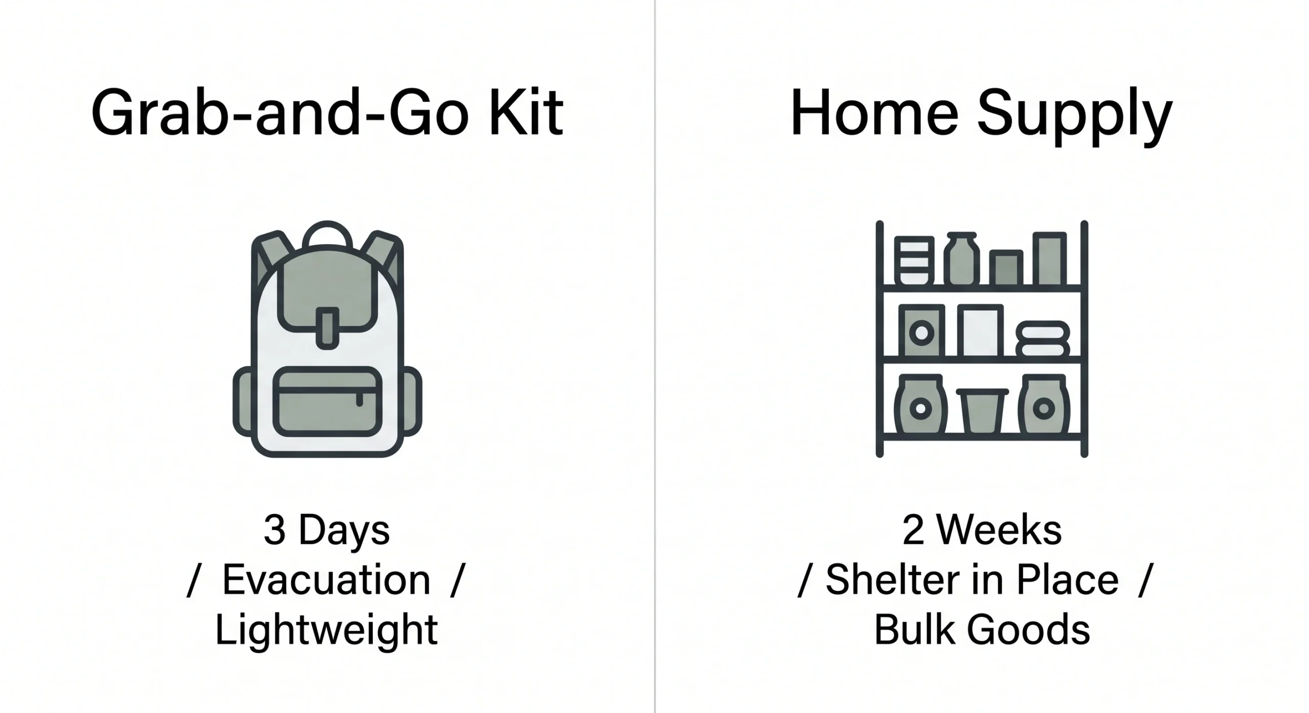 Educational diagram comparing a portable 72-hour emergency kit for evacuation against a two-week home sheltering supply.