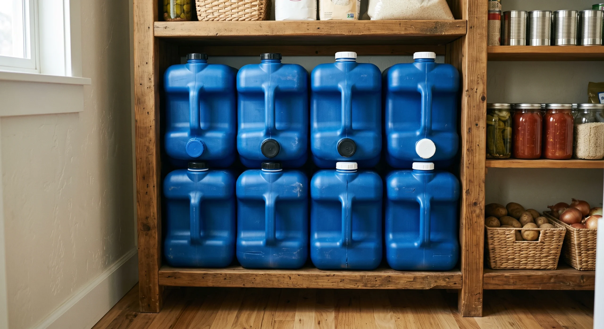 Stacked blue food-grade water storage containers on wooden pantry shelves alongside canned food.