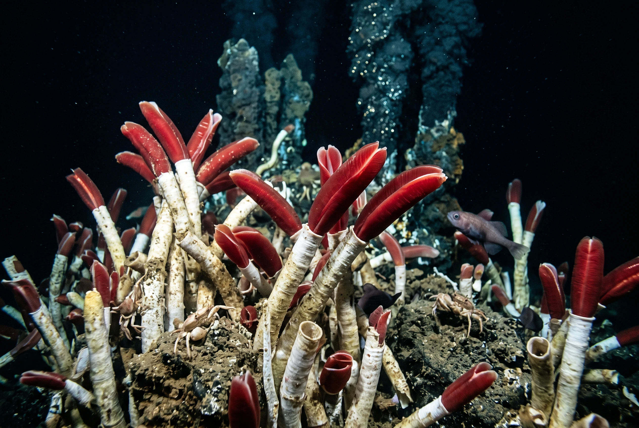 Dense clusters of giant tube worms with bright red plumes growing near dark mineral chimneys on the ocean floor.