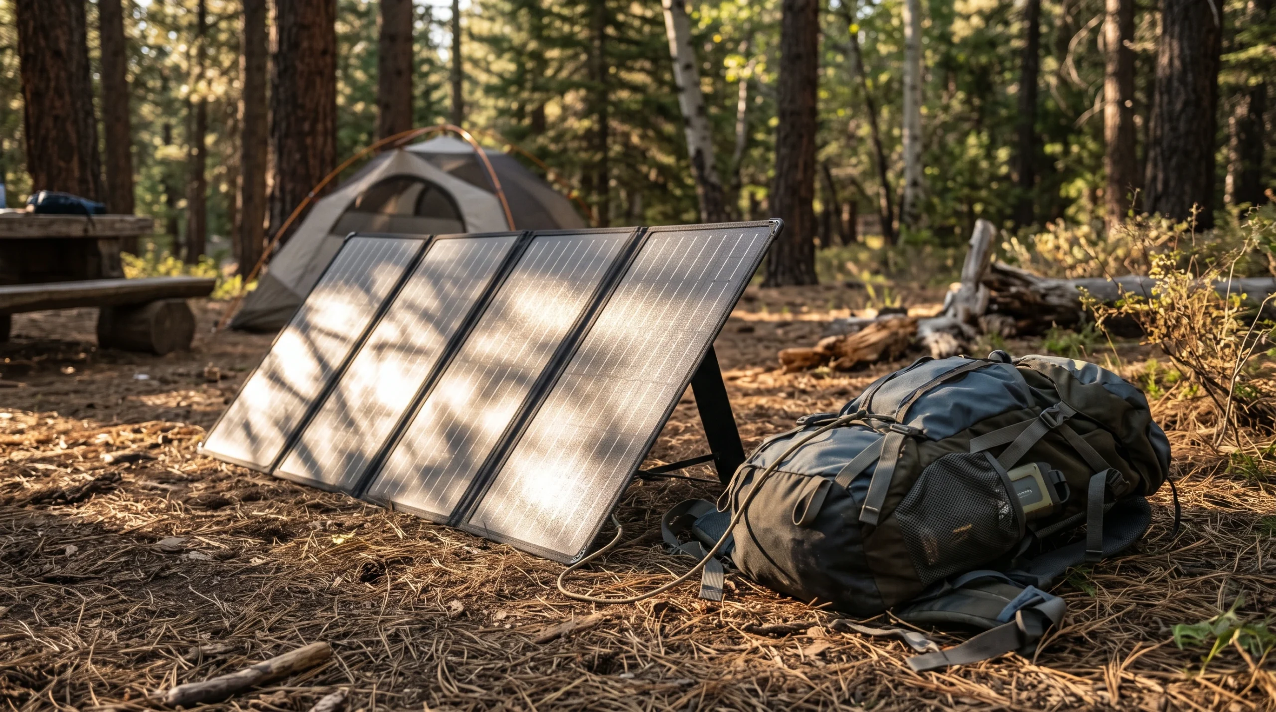 A portable, foldable solar panel deployed on the ground at a forest campsite, catching dappled afternoon sun next to a hiking backpack.